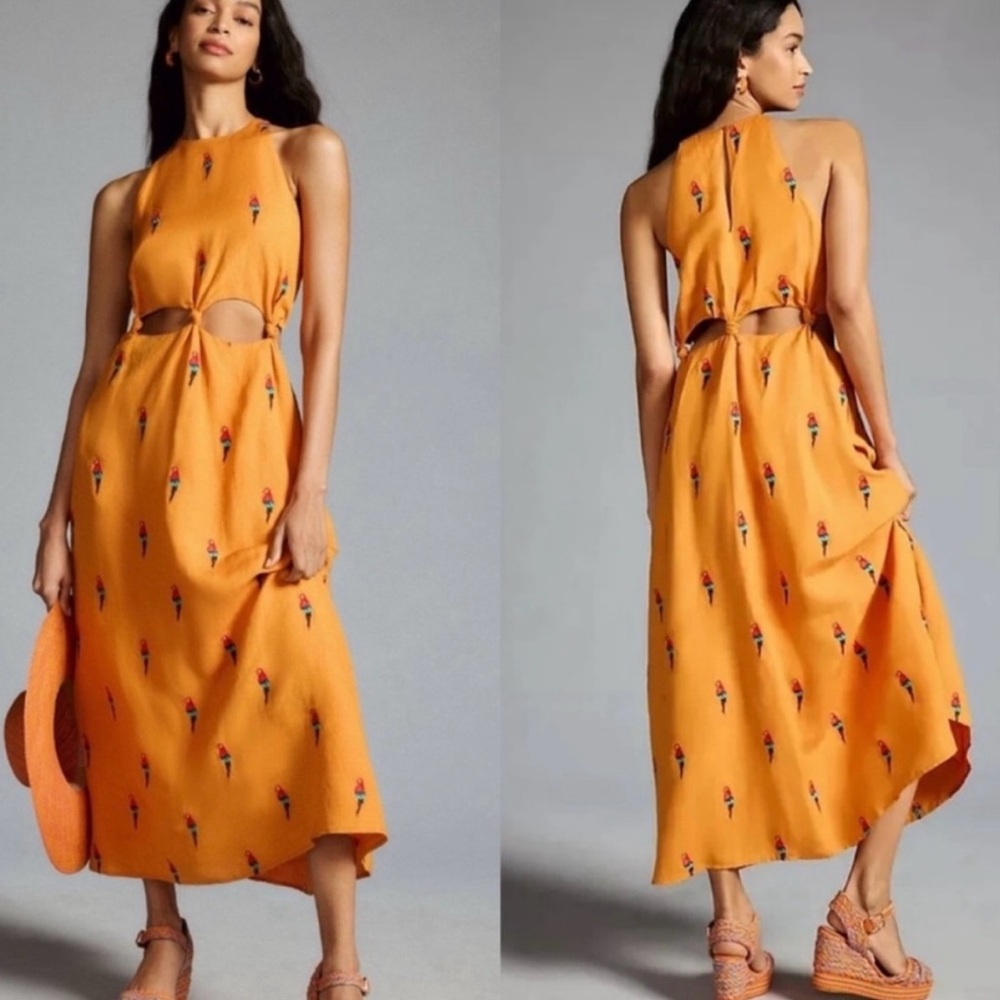 Farm Rio Orange Embroidered Parrot Cutout Maxi Dress - Picture 4 of 9